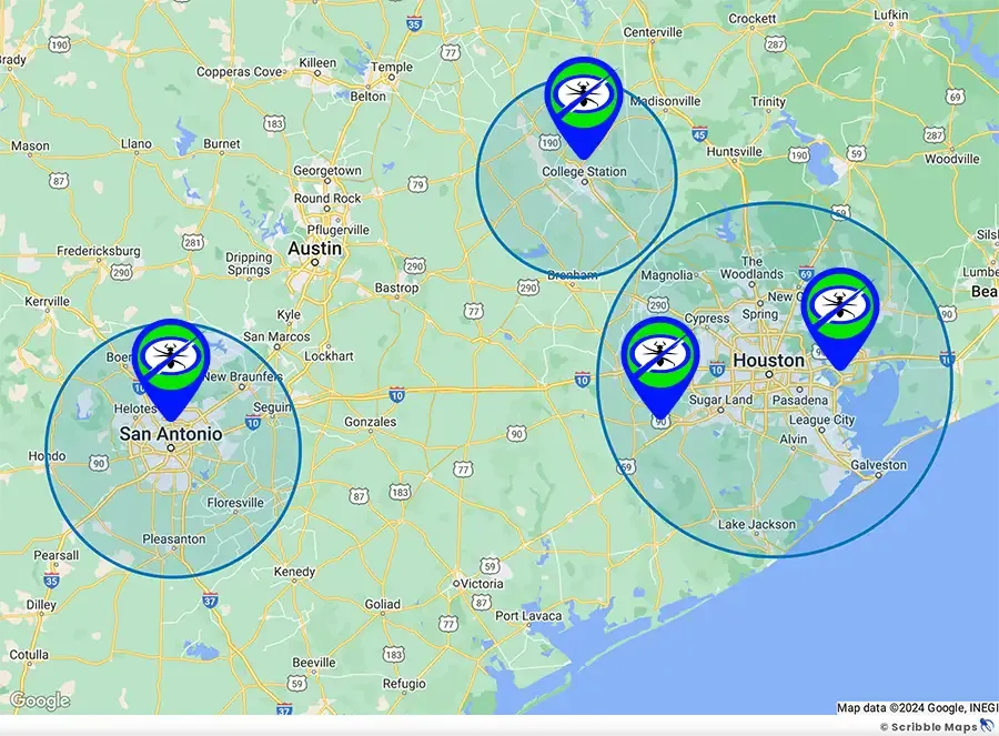 Anytime Pest Elimination Service Area Map Houston Texas, San Antonio Texas